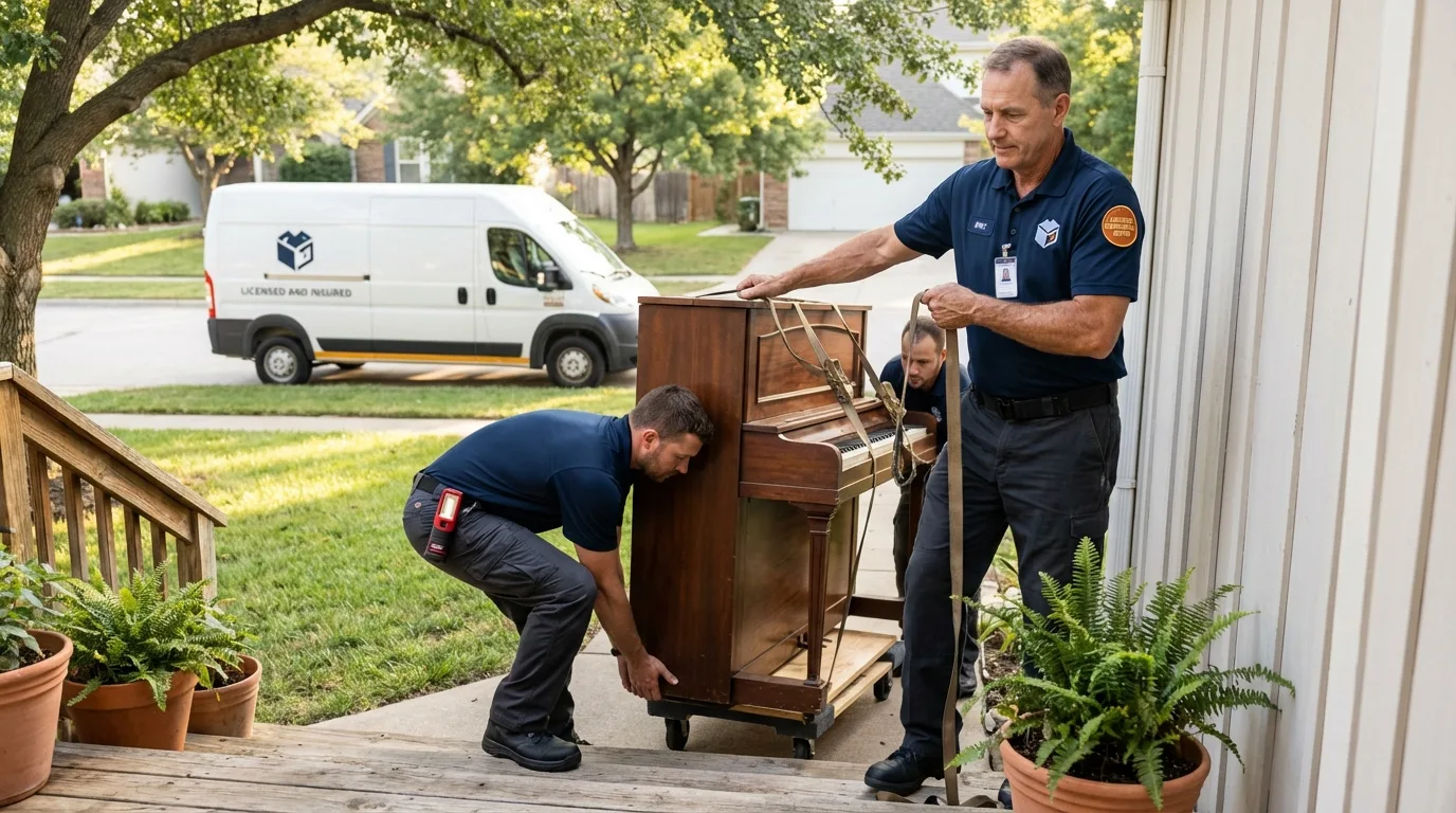 Licensed piano movers securing grand piano in Marionville, MO
