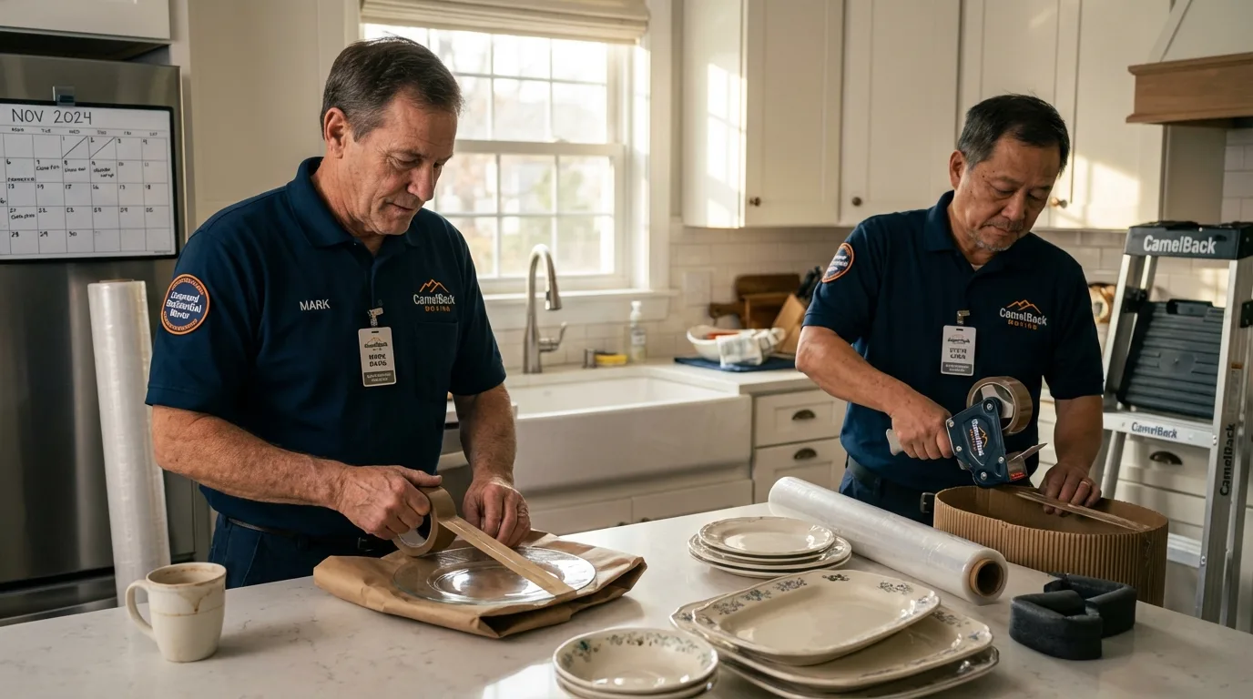 Professional crew packing kitchen dishware in Marionville, MO